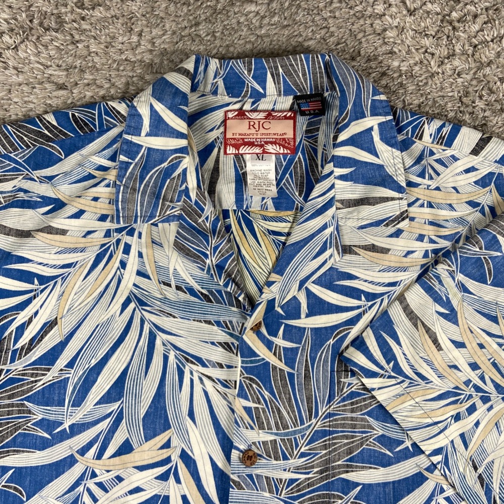 RJC Hawaiian Shirt Mens XL Blue Palm Leaf Print Floral Button Up Cotton 103C USA